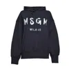 Msgm Black Cotton Hoodie With Glitter Brush Print In Blue
