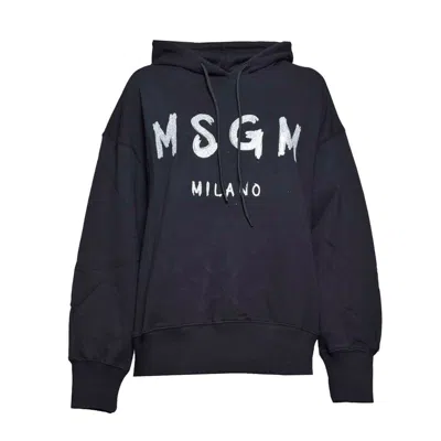 Msgm Black Cotton Hoodie With Glitter Brush Print In Blue