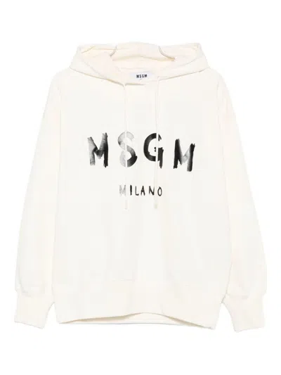 Msgm Classic Logo Print Hoodie With Raglan Sleeves In Neutral