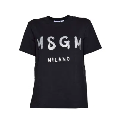 MSGM BLACK COTTON T-SHIRT WITH GLITTER BRUSH LOGO PRINT