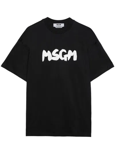 MSGM BLACK COTTON T-SHIRT WITH LOGO PRINT