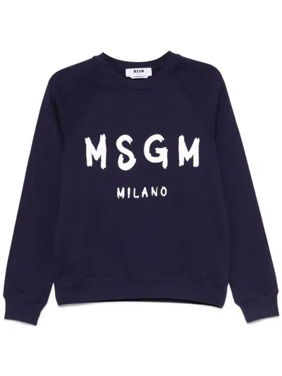 MSGM BLACK CREWNECK SWEATSHIRT WITH LOGO PRINT