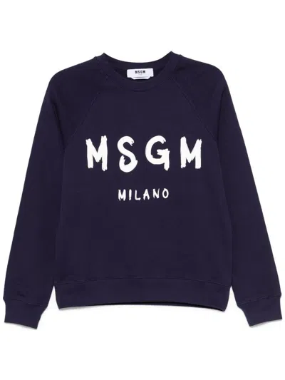 Msgm Black Crewneck Sweatshirt With Logo Print In Blue