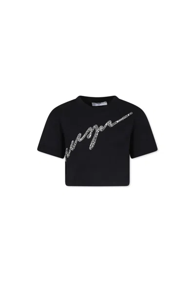 Msgm Kids' Black Crop T-shirt For Girl With Logo