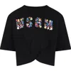 MSGM BLACK CROP T-SHIRT FOR GIRL WITH LOGO AND BEADS