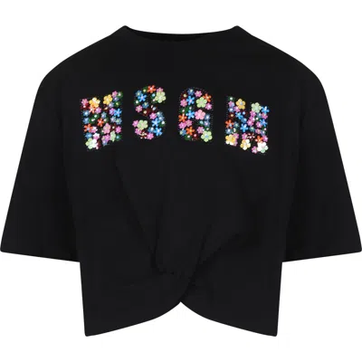 Msgm Kids' Black Crop T-shirt For Girl With Logo And Beads