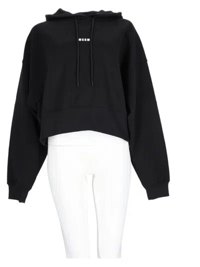 Msgm Black Cropped Cotton Hoodie