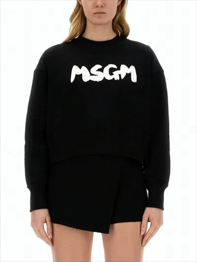 Msgm Black Cropped Long-sleeve Sweatshirt With Bold Logo