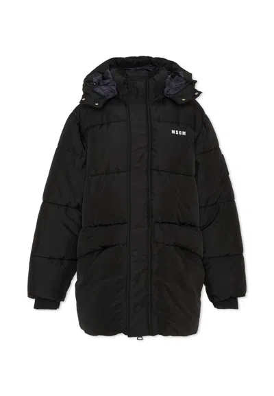 MSGM BLACK DOWN JACKET FOR KIDS WITH LOGO