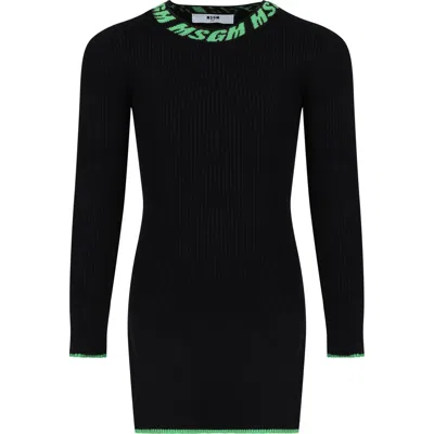 Msgm Kids' Black Dress For Girl With Logo In Nero