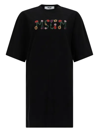 Msgm White Floral Embroidered T-shirt Dress In Black