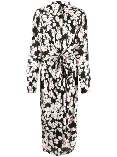 Msgm Floral-print Tie-fastening Cady Midi Dress In Black