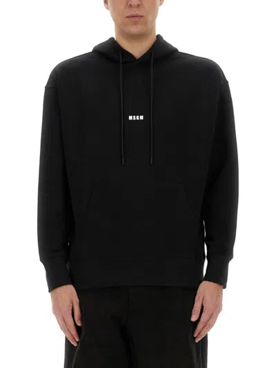 MSGM BLACK HOODIE WITH ADJUSTABLE DRAWSTRING AND SUBTLE LOGO
