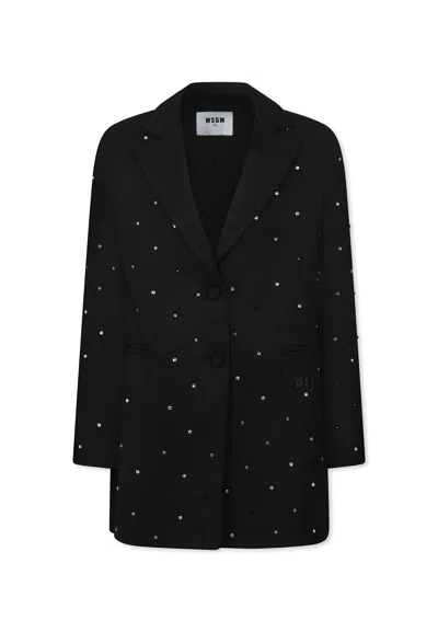 Msgm Kids' Black Jacket For Girl With Rhinestones And Logo