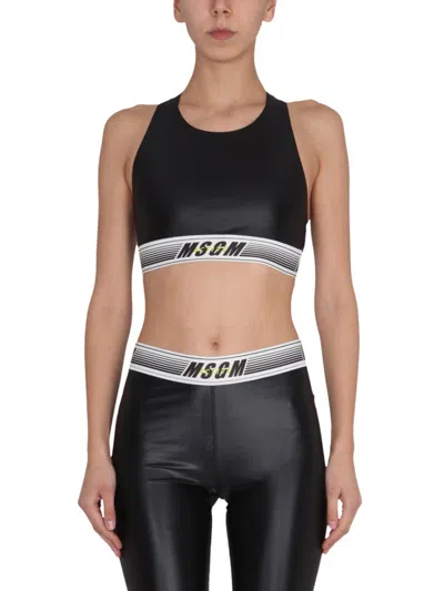 MSGM BLACK LOGO ROUND NECK TOP
