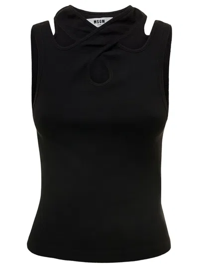 MSGM BLACK RIBBED TANK TOP WITH CUT-OUT DETAILING