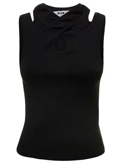 Msgm Black Ribbed Tank Top With Cut-out Detailing In Cotton Woman