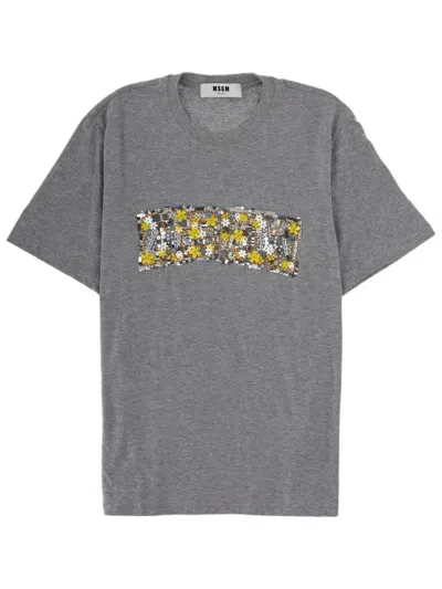 Msgm Black Sequin Floral Patch Cotton T-shirt In Gray