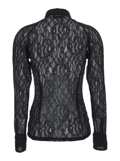 Msgm Black Shirt With All-over Floral Embroidery And Semi-sheer Design In Lace Woman
