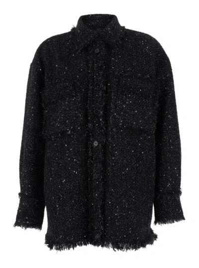 MSGM MSGM BLACK SHIRT WITH ALL-OVER MULTICOLOR SEQUINS IN HEAVY FABRIC