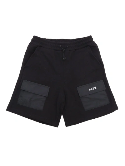 Msgm Kids'  Black Shorts For Girls With Patch Pockets On The Front, Elastic Waistband With Drawstring, Welt