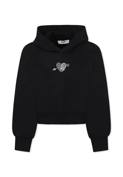 Msgm Kids' Black Sweatshirt For Girl With Logo And Heart
