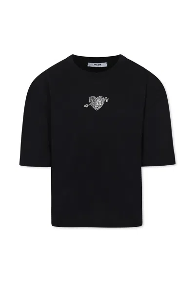 Msgm Kids' Black T-shirt For Girl With Heart