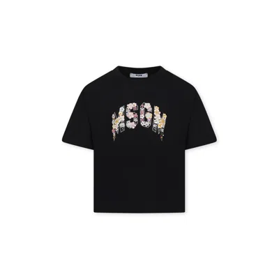 Msgm Kids' Black T-shirt For Girl With Logo