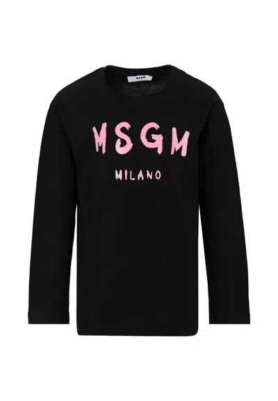 MSGM BLACK T-SHIRT FOR GIRL WITH LOGO