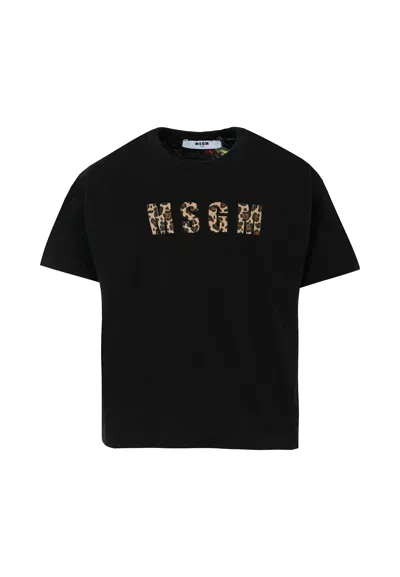 MSGM BLACK T-SHIRT FOR GIRL WITH LOGO
