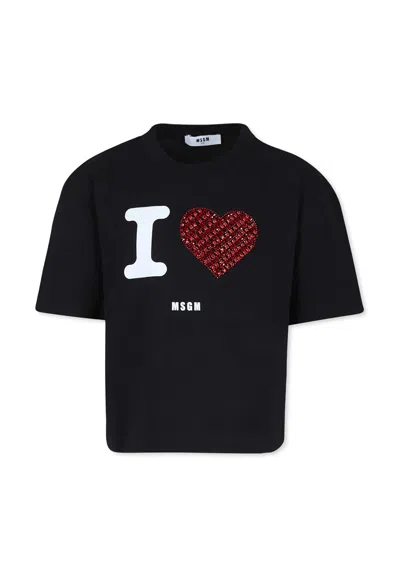 Msgm Kids' Black T-shirt For Girl With Logo