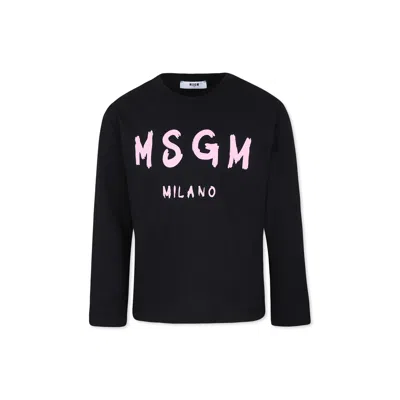 Msgm Kids' Black T-shirt For Girl With Logo