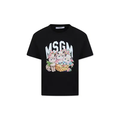 Msgm Kids' Black T-shirt For Girl With Logo And Cat Print