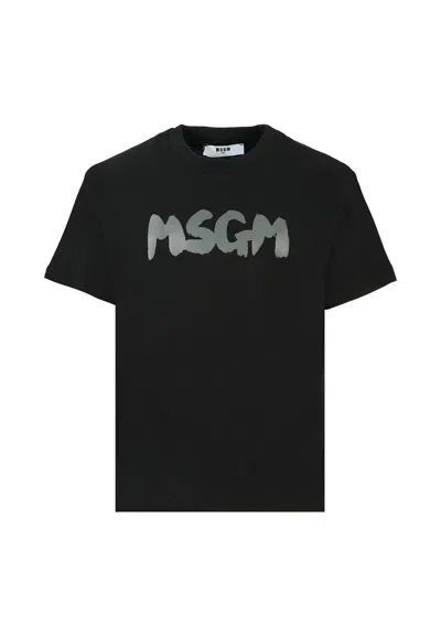 MSGM BLACK T-SHIRT FOR KIDS WITH GRAY LOGO