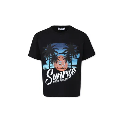 Msgm Black T-shirt For Kids With Palm Tree And Logo