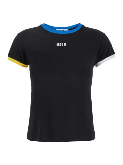 Msgm Black T-shirt With Embroidered Logo On The Front And Contrasting Edges In Cotton Woman