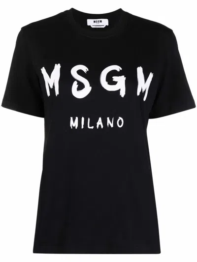 MSGM BLACK T-SHIRT WITH MSGM LOGO PRINT