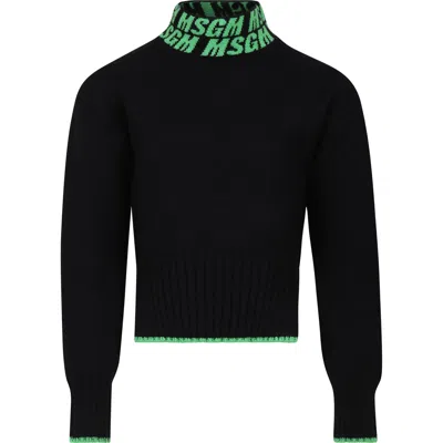 Msgm Kids' Black Turtleneck For Girl With Logo