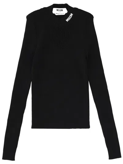 MSGM BLACK VISCOSE-BLEND RIBBED SLIM T-SHIRT