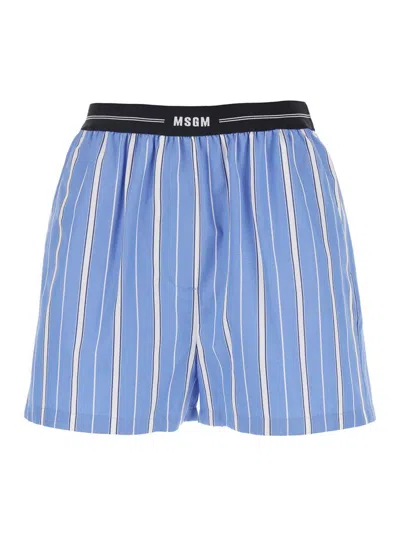 Msgm Blue Bermuda Shorts With Elastic Drawstring Waist With Logo Lettering And All-over Striped Motif