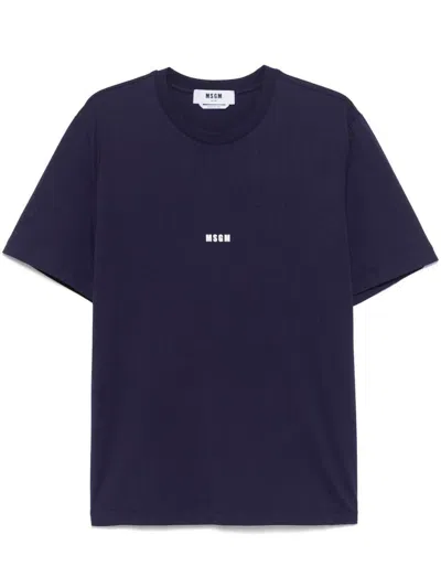 Msgm Blue Cotton Crew Neck T-shirt With Logo
