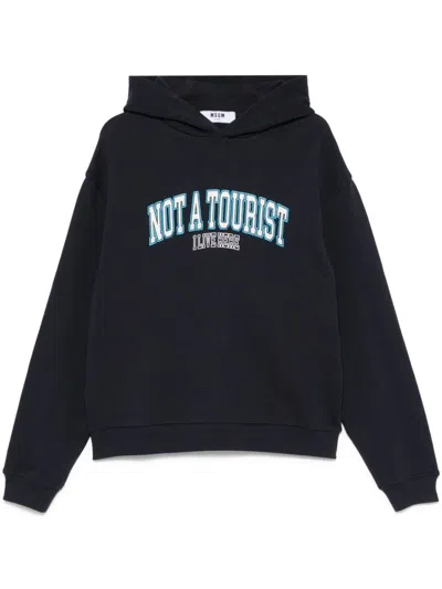 MSGM MSGM BLUE COTTON GRAPHIC TEXT HOODIE