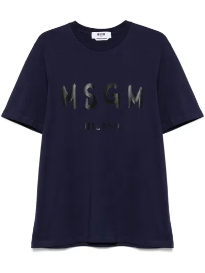 MSGM BLUE CREWNECK LOGO T-SHIRT