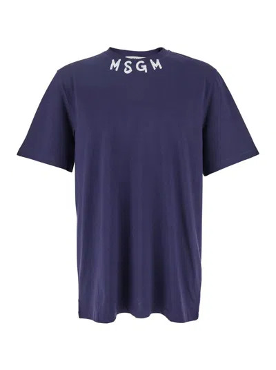 Msgm Blue Crewneck T-shirt With Logo Lettering On The Neck In Cotton Man
