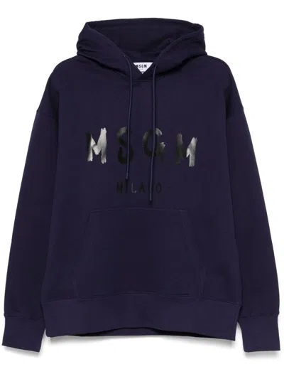 MSGM BLUE HOODIE IN COTTON WITH LOGO AND POCKET