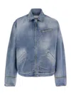 Msgm Blue Jacket With Faded Effect And Logo Embroidered On The Front In Denim Man