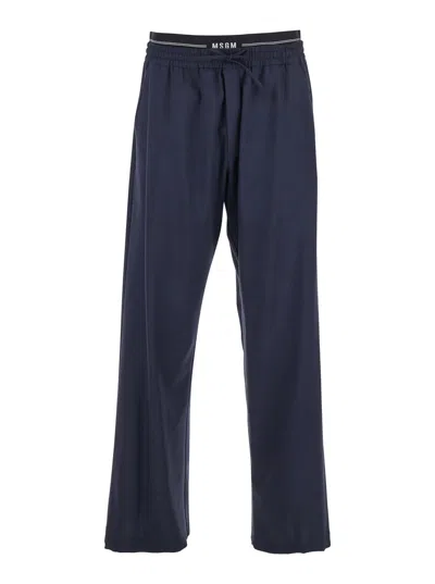 Msgm Blue Pants With Logo Band And Drawstring Waist In Cotton Man