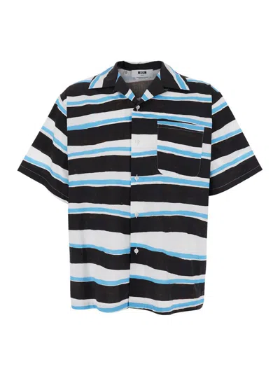 Msgm Blue Shirt With All-over Asymmetric Striped Motif In Cotton Man In Multi
