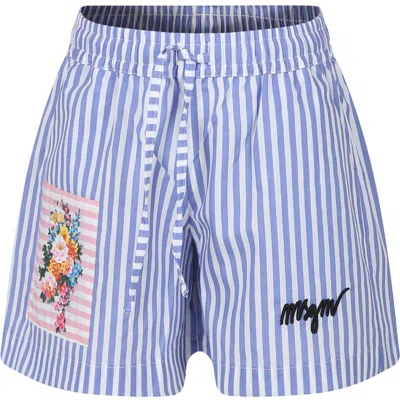 Msgm Kids' Blue Shorts For Girl With Flowers Print