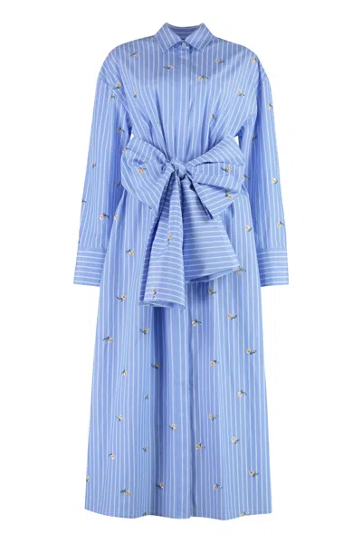 Msgm Blue Striped And Floral Embroidered Cotton Poplin Shirtdress For Women In Light Blue